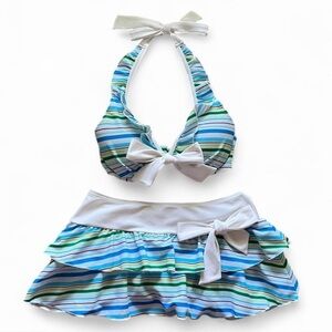 Striped Halter Bikini Set with Skirt